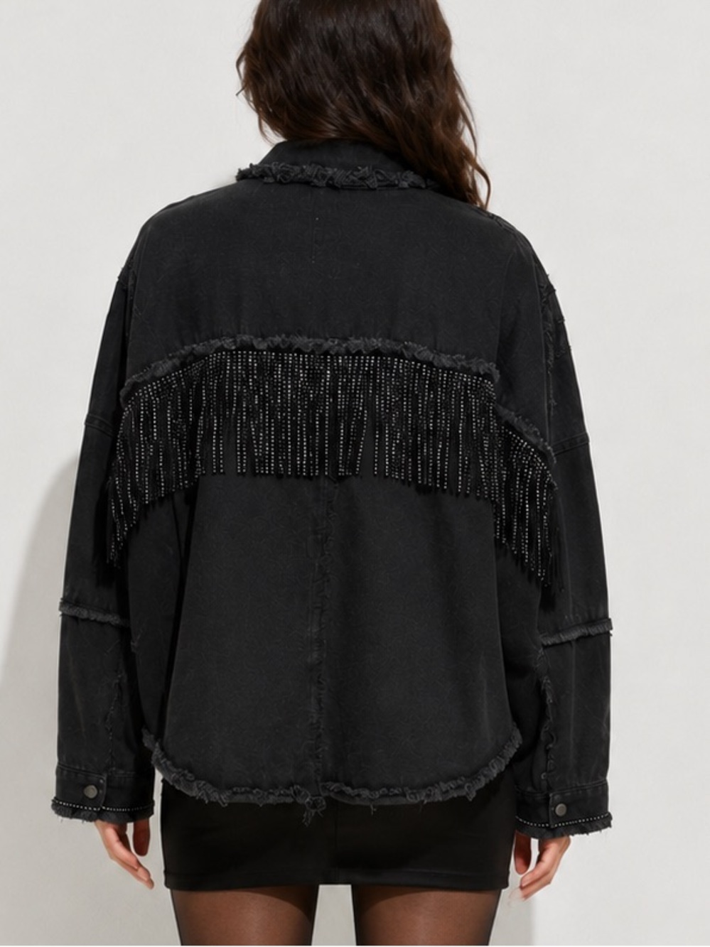 Zara Black Denim Rhinestone Fringe Oversized Jacket Size Small - Picture 11 of 15